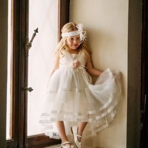Βαπτιστικό Φόρεμα Κοριτσιού 26Κ770 Off White με Δαντέλα & Λουλούδι Πούδρας